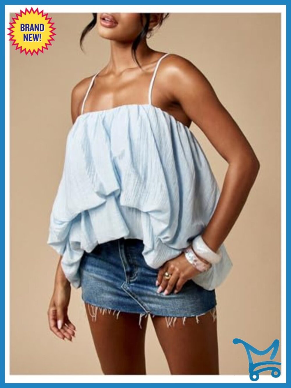 Bubble Hem Camisole Ruffle Layered Spaghetti Strap Cute Cami Top - Picture 2 of 4